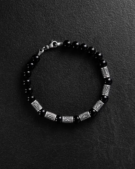 Bransoletka męska RUNES (srebro, onyks)