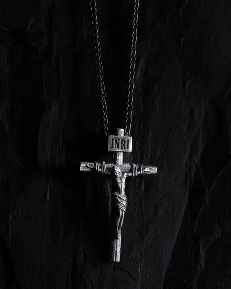 Srebrny krzyż CRUCIFIXION of JESUS CHRIST. INRI