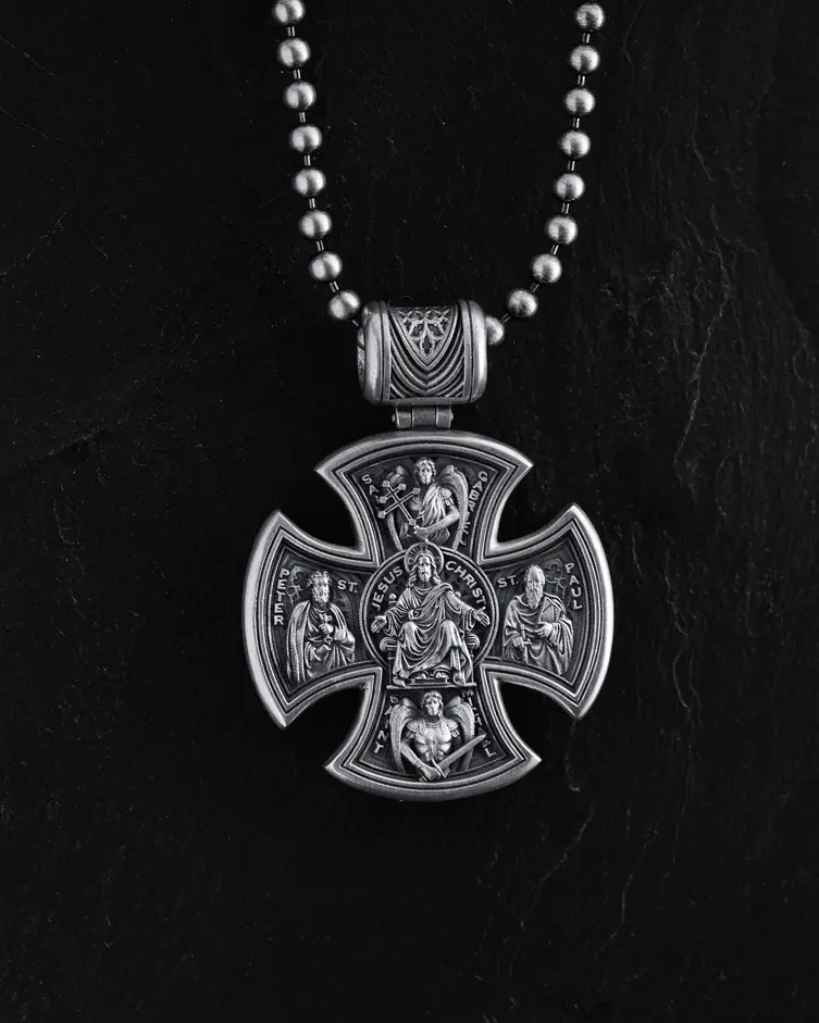 Srebrny krzyż JESUS ​​CHRIST. SAINT MARY, PRAY FOR US