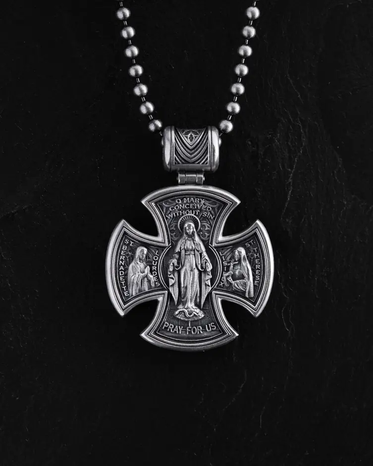 Srebrny krzyż JESUS ​​CHRIST. SAINT MARY, PRAY FOR US 3