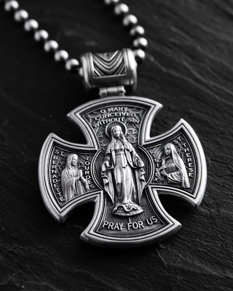 Srebrny krzyż JESUS ​​CHRIST. SAINT MARY, PRAY FOR US 5