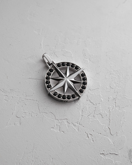 Wisiorek WINDROSE COMPASS. BLACK STONES (białe złoto) - 3619