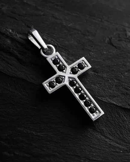 Krzyż FAITH. BLACK STONES (białe złoto) - 3620