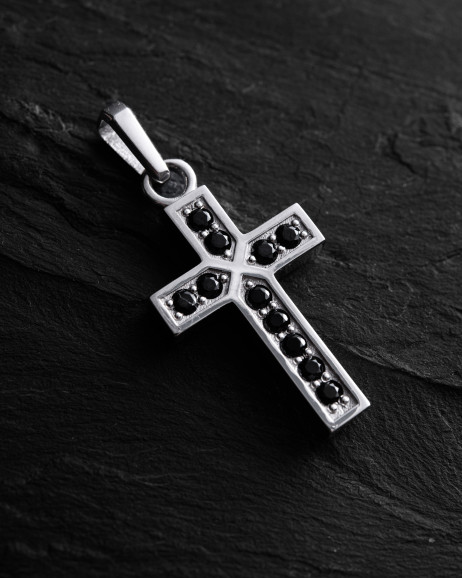 Krzyż FAITH. BLACK STONES (białe złoto)