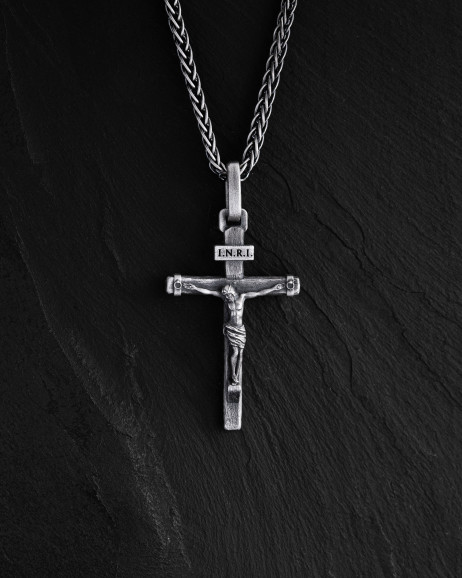 Srebrny krzyż CRUCIFIXION of JESUS. INRI 2