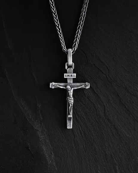Srebrny krzyż CRUCIFIXION of JESUS. INRI 3