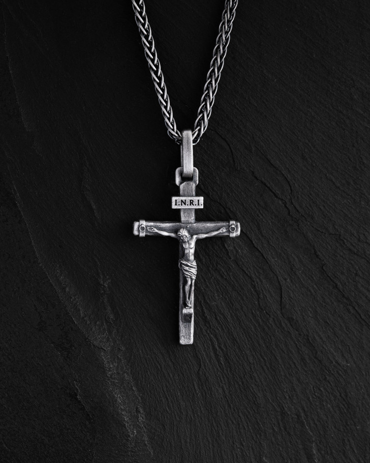 Srebrny krzyż CRUCIFIXION of JESUS. INRI 2