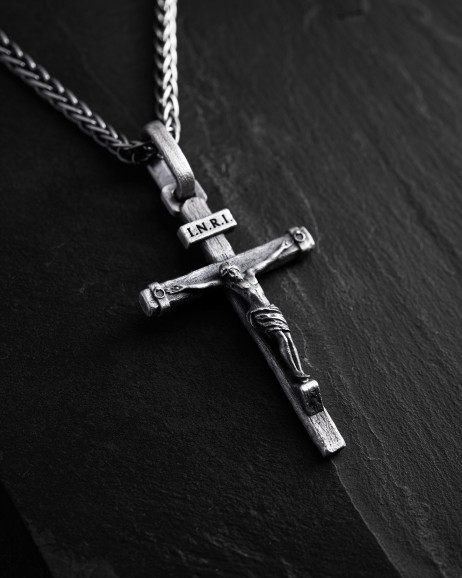 Srebrny krzyż CRUCIFIXION of JESUS. INRI
