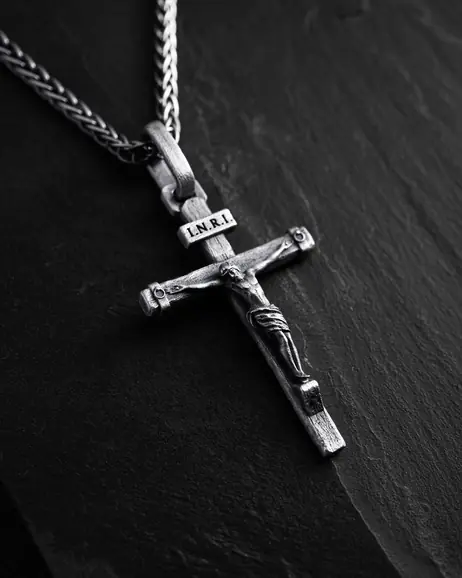 Srebrny krzyż CRUCIFIXION of JESUS. INRI
