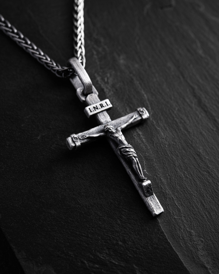 Srebrny krzyż CRUCIFIXION of JESUS. INRI