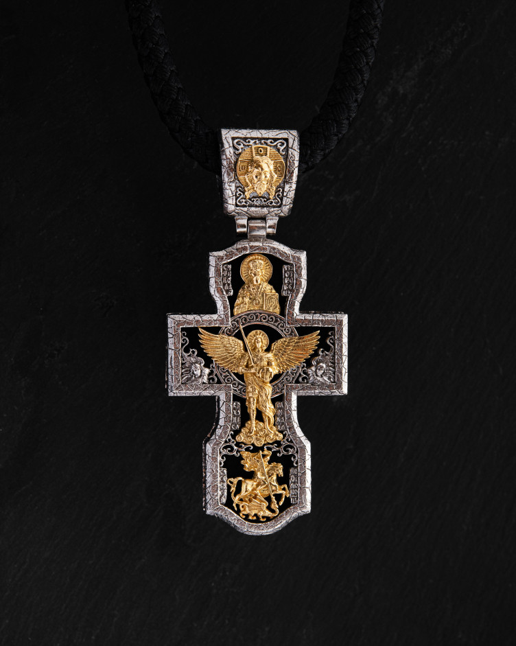 Krzyż JEZUS CHRYSTUS, ARCHANIOŁ MICHAŁ, ŚWIĘTY JERZY ZWYCIĘZCA I ŚWIĘTY MIKOŁAJ CUDOTWÓRCA (platyna 950, żółte złoto 750, heban) 7
