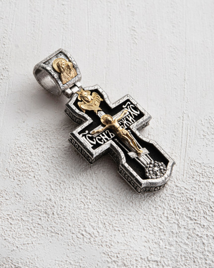 Krzyż JEZUS CHRYSTUS, ARCHANIOŁ MICHAŁ, ŚWIĘTY JERZY ZWYCIĘZCA I ŚWIĘTY MIKOŁAJ CUDOTWÓRCA (platyna 950, żółte złoto 750, heban)