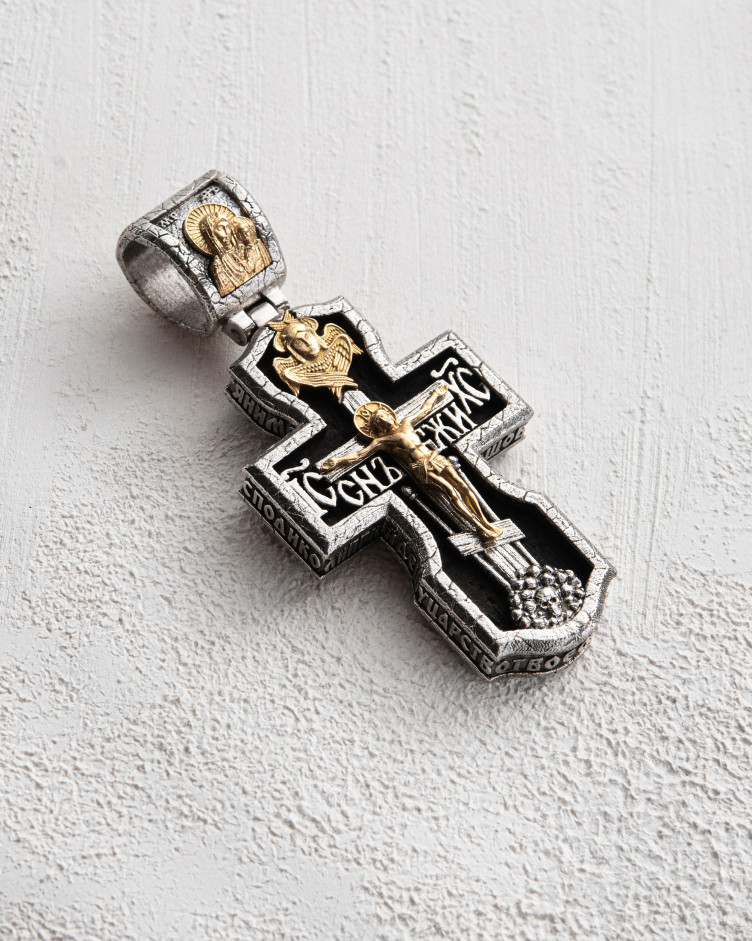 Krzyż JEZUS CHRYSTUS, ARCHANIOŁ MICHAŁ, ŚWIĘTY JERZY ZWYCIĘZCA I ŚWIĘTY MIKOŁAJ CUDOTWÓRCA (platyna 950, żółte złoto 750, heban)