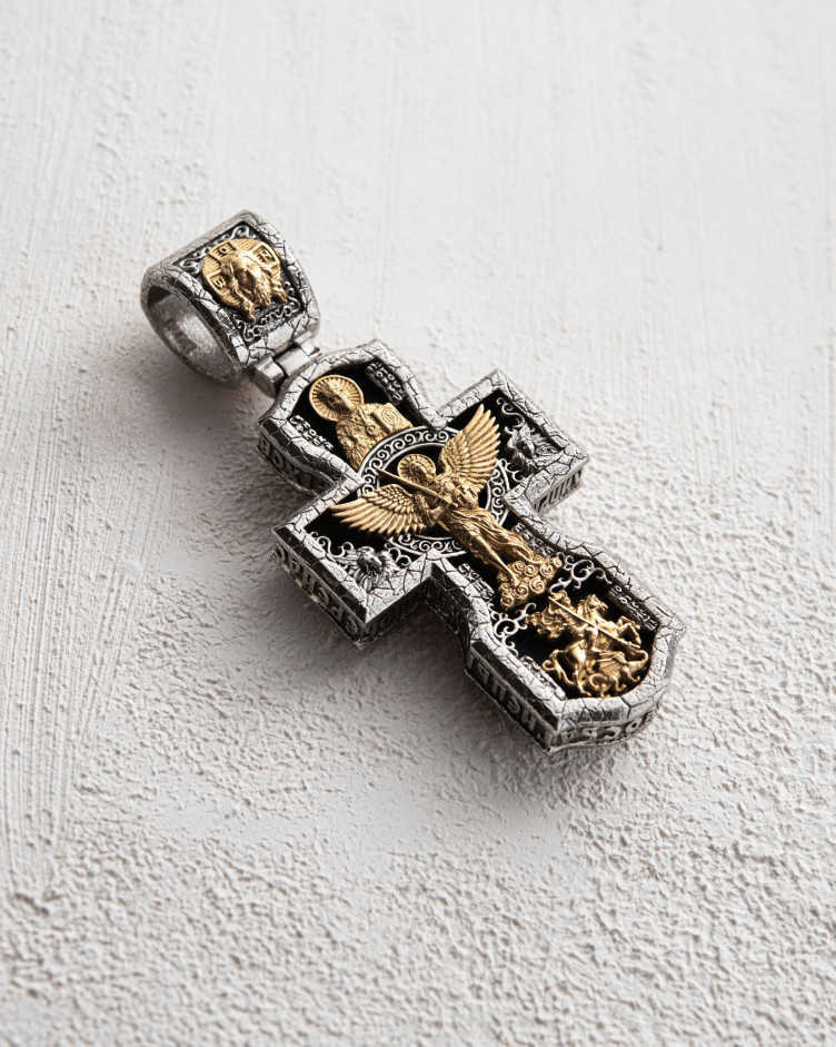 Krzyż JEZUS CHRYSTUS, ARCHANIOŁ MICHAŁ, ŚWIĘTY JERZY ZWYCIĘZCA I ŚWIĘTY MIKOŁAJ CUDOTWÓRCA (platyna 950, żółte złoto 750, heban) 2