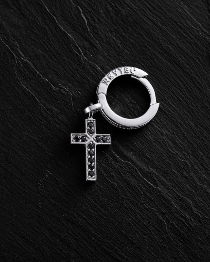 Pojedynczy kolczyk CROSS. BLACK STONES (białe złoto) - 3491